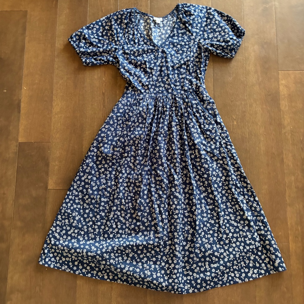 J. Crew Navy Midi Floral Dress Scallop Neckline - Picture 2 of 6